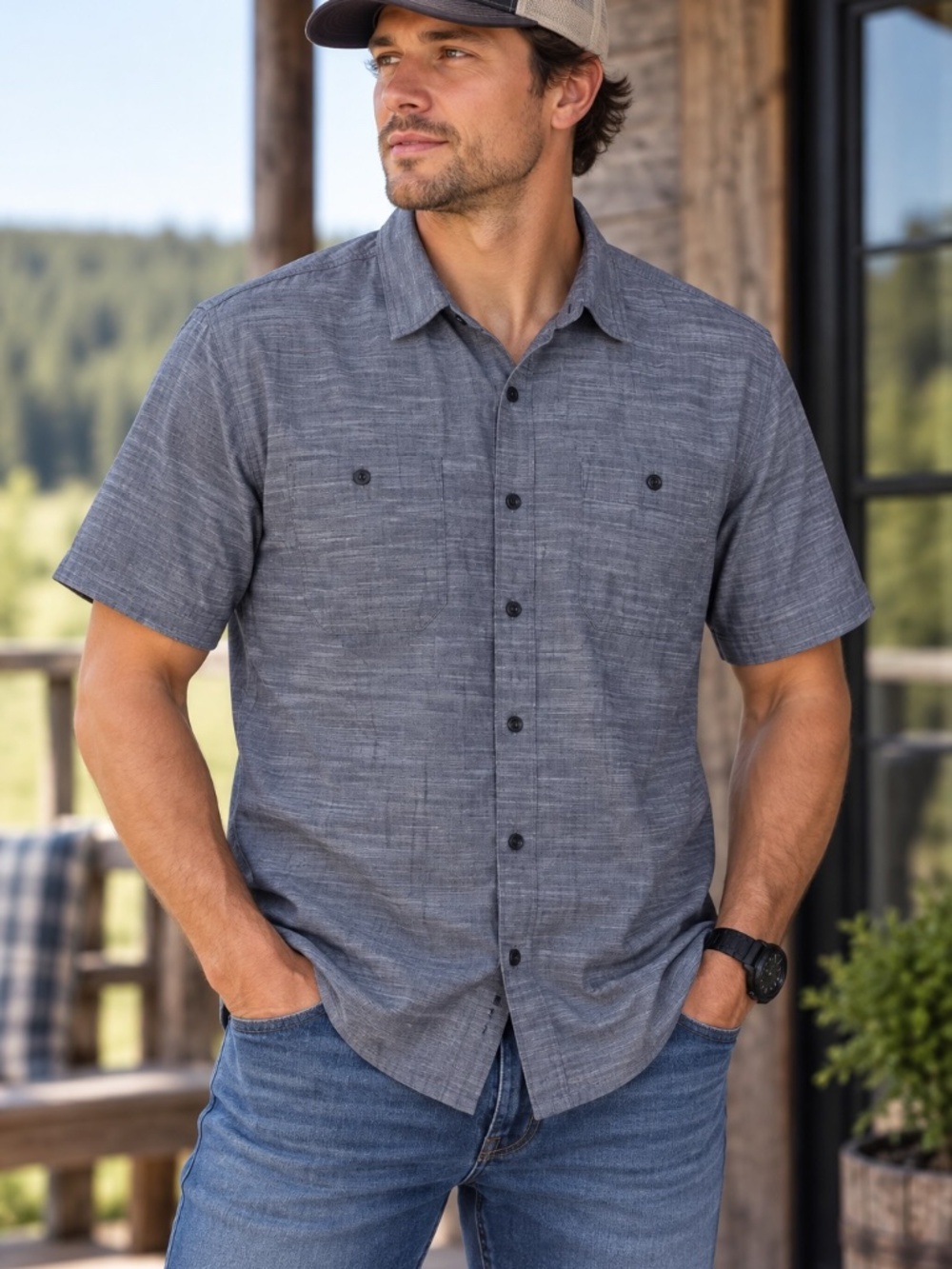 Woolrich Casual Button Down Shirt Mens Size Large Blue Chambray 100% Cotton